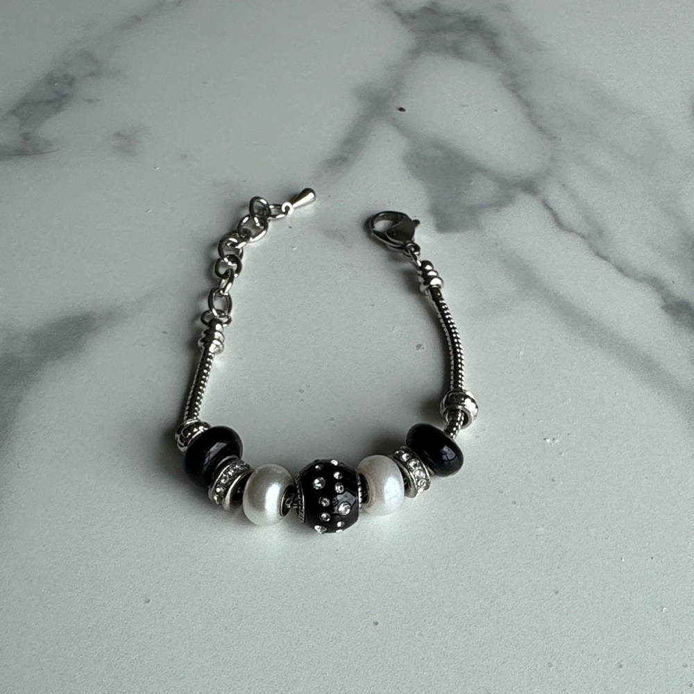 Sterling-Style Black and White Bead Bracelet